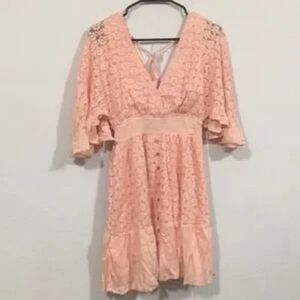 Lace Trim V-Neck Women's Dress in Peach Mini Dress Size S
